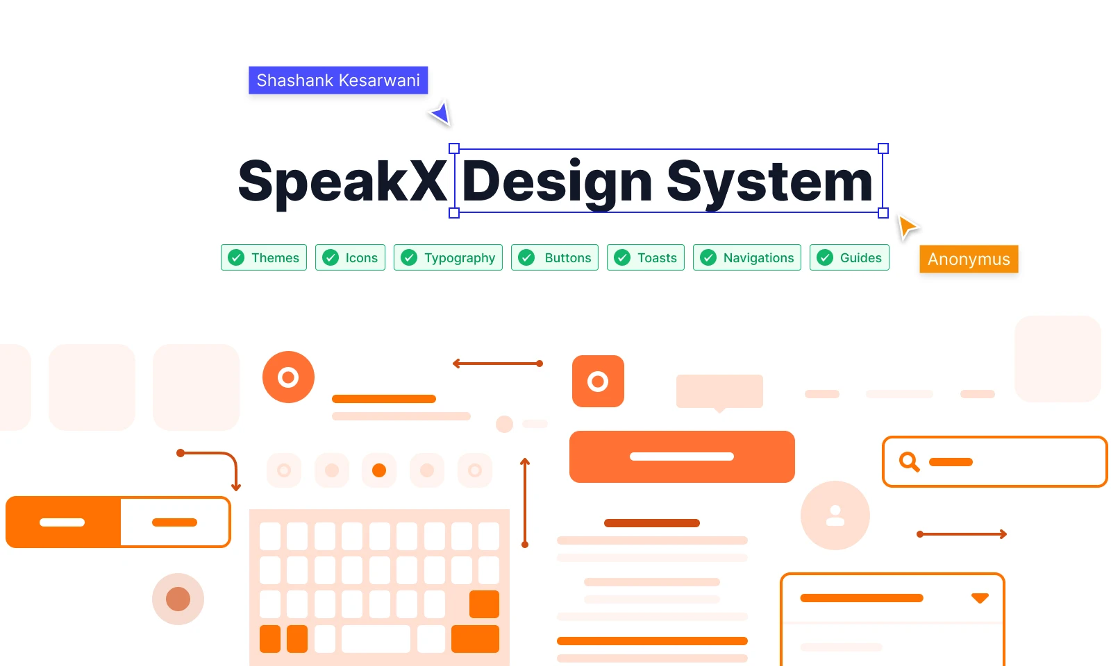 The SpeakX Design System board: themes, icons, typography, buttons, toasts, navigations and guides, over a field of orange and cream component shapes.