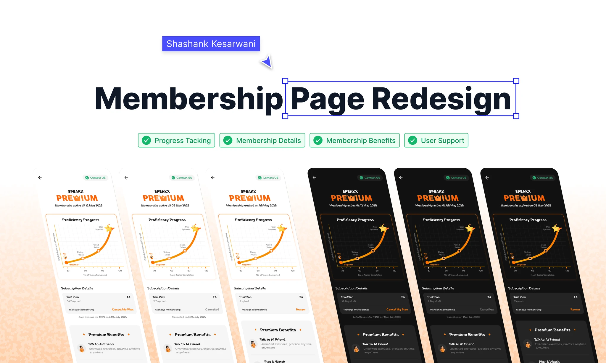 The Membership Page Redesign board: six SpeakX Premium screens, three light and three dark, each leading with a proficiency-progress chart above subscription details and premium benefits.